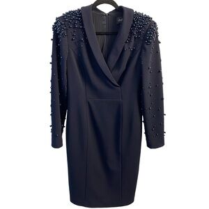 Joseph Ribkoff VNeck Long Sleeve Midnight Blue Elegant Knit Beaded Dress Size 10